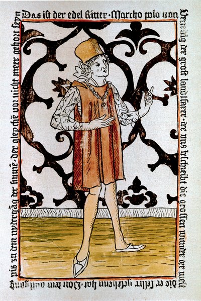 ヴェネツィアの探検家マルコ・ポーロ（1254-1324）の肖像 「Il Milione: The Book of Merveillles」（"Devisement du monde"）初版の表紙 ニュルンベルク 作： Unknown artist