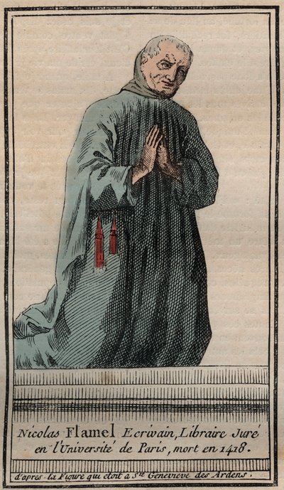 フランスの錬金術師ニコラ・フラメル（1330-1418）の肖像 - エングレーヴィング - 英国の錬金術師ニコラ・フラメルの肖像 - エングレーヴィング 個人蔵 作： Unknown artist