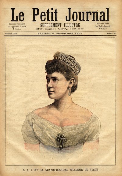 ロシアの大公ウラジーミルの肖像は、1854年にメクレンブルク＝シュヴェリン（Mecklenburg Schwerin）のマリー王女として生まれ、1874年に皇帝の弟である大公ウラジーミル・アレクサンドロヴィチ・ロマノフ（1847-1909）と結婚しました。Le peti」のエングレーヴィング 作： Unknown artist