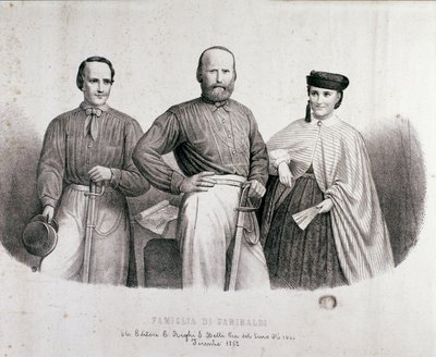 リソルジメントの英雄ジュゼッペ・ガリバルディ（1807-1882）の娘テレシタと妻ステファノ・カンツィオの間の肖像。1862年のリトグラフ 個人蔵 作： Unknown artist