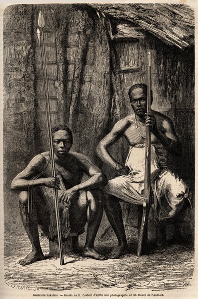 2人のバカリ族の戦士の肖像。H.Castelliが、1861年から1864年にかけてのグリフォン・デュ・ベレー医師のガボンへの旅を説明するために描いたもの。エドゥアール・シャルトン編「世界一周」に掲載された版画。 作： Unknown artist