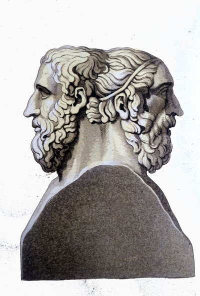 ギリシャの詩人、ホメロス（紀元前9世紀）とアルキロク（紀元前712年～紀元前648年）の肖像画。 作： Unknown artist