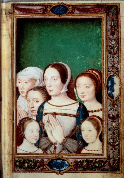 フランソワ1世とその2人の妻の娘たちのポートレートです。女の子。ルイーズ（1515年～1517年）。シャルロット（1516年 - 1524年）、マドレーヌ（1520年 - 1537年）、マルグリット（1523年 - 1574年）。フランスのクロード（1499年〜1524年）とハプスブルクのエレオノーレ（1498年〜1558年）。ブック・オブ・ホー」のミニチュア 作： Unknown artist