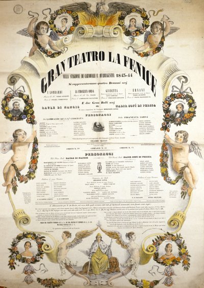 イタリアの作曲家ジュゼッペ・ヴェルディ（1813-1901）のオペラ「アイーダ」が、1843年から1844年にかけてヴェネツィアのフェニーチェ劇場で上演された際のポスター。 作： Unknown artist