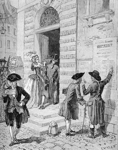 財務大臣兼財務長官シャルル・アレクサンドル（Charles-Alexandre）・ドゥ・カロンヌ（1734-1802）が設置した、融資を促すポスター。19世紀のエングレーヴィング。ジュール・ミシュレ著『フランス史』より 作： Unknown artist