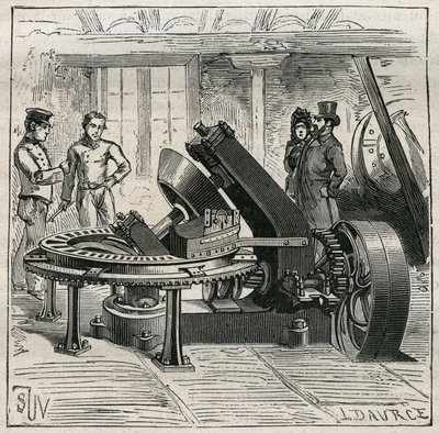 陶器。レンガの機械成形に使用されるフルーリー社の機械。Adolphe BITARDの "Les arts et metiers illustres "に掲載された1885年の図版。 作： Unknown artist