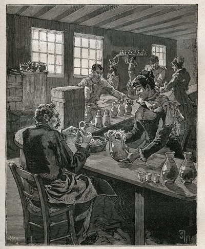 陶器： 充填用の陶器。Adolphe BITARDの "Les arts et metiers illustres "に掲載された1885年のエングレーヴィング。 作： Unknown artist