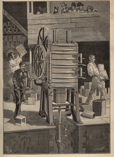 陶器：中空部分の機械的成形。Adolphe BITARDの "Les arts et metiers illustres "に掲載された1885年の図版。 作： Unknown artist