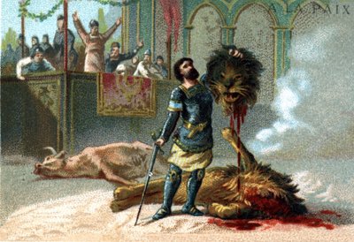 フランク王国の王、ペパン・ル・ブリーフ（715-768）は、751年の戴冠式を祝うために行われた祝宴で、ライオンや雄牛と戦っている。 作： Unknown artist