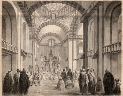 1862年、アルジェの大モスクで行われたラマダン（イスラム教の月齢）の祈り。1862年の「Le Monde illustrious」誌に掲載されたエングレーヴィング。個人蔵。 作： Unknown artist
