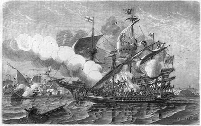 1513年4月、エドワード・ホワート提督が率いるイングランド艦隊を攻撃したプレジェント。19世紀のエングレーヴィング。 作： Unknown artist