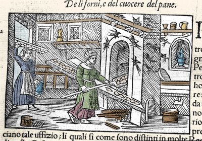 オーブンでのパンの準備と焼き上げ。オラウス・マグヌス（1490-1557）（スウェーデンの宗教家、地理学者）の版画、「Historia de Gentis Septentrionalibus」、ヴェネツィア 作： Unknown artist