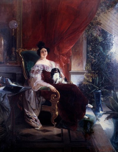 プライバシー、犬を連れた女性ベランダで女性の上に座る犬。フランソワ・ブルボの絵画（19世紀 作： Unknown artist