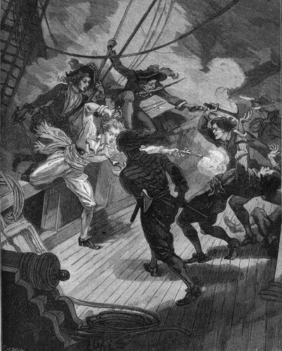 船に接近する私掠船ジャン・バート（1650-1702）。19世紀のエングレーヴィング。ジュール・ミシュレの『フランス史』の中で 作： Unknown artist
