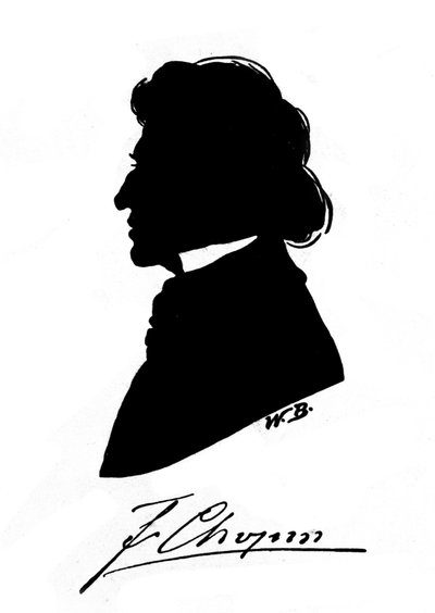 ポーランドの作曲家フレデリック・ショパン（1810-1849）のプロフィール・シルエットと直筆サイン。19世紀 作： Unknown artist