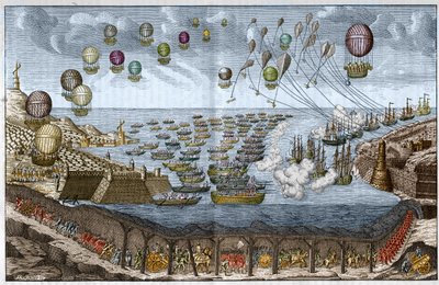 1803年、ナポレオン1世によるイングランドへの攻撃（侵攻）計画 - フランス軍が英仏海峡トンネルを歩き、船や気球が海や空から攻撃する - 1803年のエングレーヴィング 作： Unknown artist
