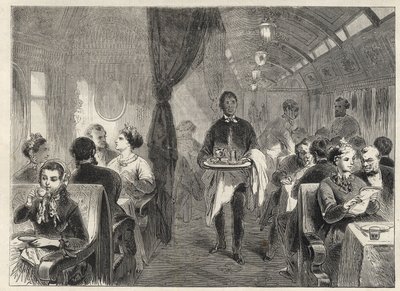 1869年の太平洋鉄道のプルマンダイニングキャリッジ - 太平洋鉄道のワゴンホテルの中で-。 作： Unknown artist