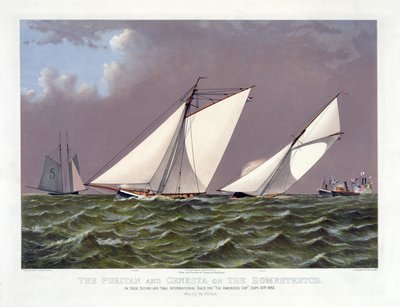 1885年9月16日、アメリカズカップのレガッタでのピューリタン帆船とジェネスタ。 作： Unknown artist