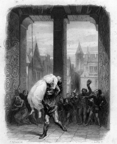 エスメラルダを救うクアシモド。ヴィクトル・ユーゴーによる1844年のNotre Dame de Parisのイラスト。 作： Unknown artist