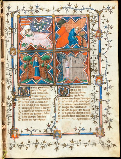 1353 年頃、スイスのギヨーム・ド・ロリス (1200 年から 1238 年頃) とジャン・ド・メン (1240 年から 1305 年) による写本「ル・ロマン・ド・ラ・ローズ」の「「さまざまな活動で忙しい 4 人の男性」」ページが照らされました。ジュネーブ図書館 作： Unknown artist