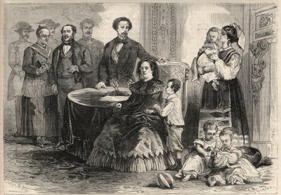スペイン女王イザベラ2世（ブルボン家のイザベラ）（1830-1904）とブルボン家のフランソワ・オブ・アッシジまたはスペインのフランソワ1世（1822-1902）は、9月革命（グロリオサ）の後、子供たちと一緒にフランスのポー城に避難しました。彼らの子供たちの中には 作： Unknown artist