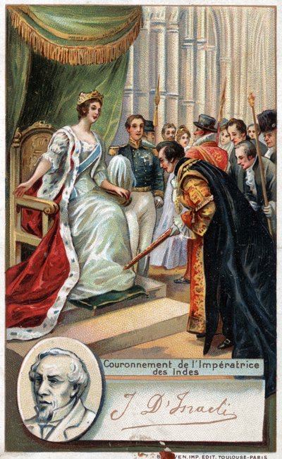 イギリス女王ヴィクトリアは、ベンジャミン・ディズレーリ（1804-1881）の支援により、1877年にインドの皇太子として戴冠しました。19世紀のクロモリトグラフ。 作： Unknown artist