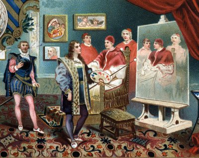 教皇レオン10世（レオーネ10）の肖像画を描くラファエロ（ラファエロ・サンツィオ）は、枢機卿ジュール・ド・メディシス（ジュリオ）（教皇クレメンス7世）を囲んでいる。 作： Unknown artist