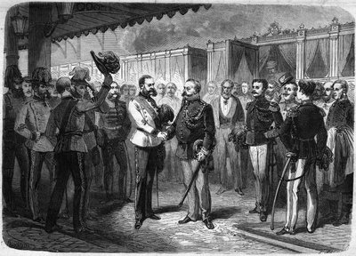1873年にウィーンで行われた、オーストリア皇帝フランソワ・ヨーゼフ1世（Francois-Joseph）（1830-1916）によるイタリア国王ヴィットリオ・エマヌエーレ2世（ヴィクトル・エマヌエル）（1820-1878）のレセプション。"The Illustrious Universe "に掲載されたエングレーヴィング 作： Unknown artist