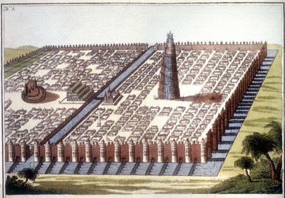 古代都市バビロンの復元図で、囲い、空中庭園、ジグラートが描かれています。 作： Unknown artist