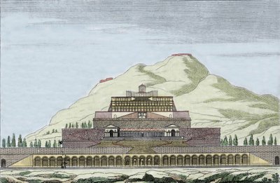イタリアのパレストリーナにあるフォルトゥナ（ローマ神話の幸運の神）の神殿の復元図。19世紀に描かれた版画 作： Unknown artist