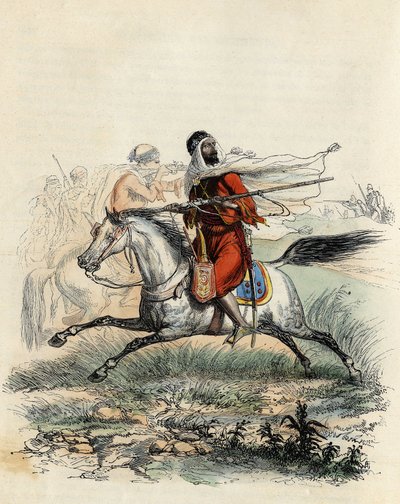 1841年、オランでフランス軍の馬上の狩人に逃げられたアブド・エル・カデル首長の赤い騎兵（Leon Galibert著「L