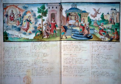 宗教劇：1547年にヴァランシエンヌで上演された「受難と復活」。水彩画が描かれた手稿ページ、パリ、B.N. 作： Unknown artist