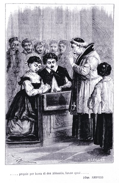 レンツォとルチアの結婚式。アレッサンドロ・マンゾーニ（1785-1873）の「Les fiances（I promessi Sposi）」に掲載されている版画。 作： Unknown artist