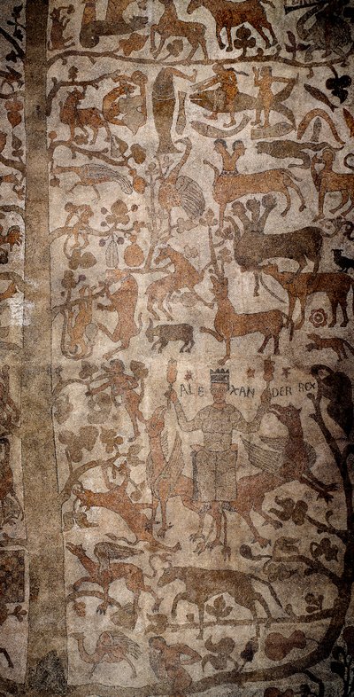 マケドニアの王でペルシャを征服したアレキサンダー大王（紀元前356～323年）が、インド征服の際にインドの動物相を取り囲んだ様子や、デリュージ、デウカリオン、ピュラを表現したもの。パンタレオーネの舗装（またはパンタレオーネ 作： Unknown artist