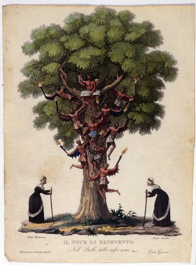オーストリアの作曲家フランツ・クサヴァー・ススマイアー（1766-1803）のバレエ「Il noce di Benevento」のモチーフとなった伝説に登場するベネベントのクルミ、魔女、悪魔を表現したもの。19世紀のイラスト 作： Unknown artist