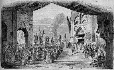 1867年3月11日にパリ・オペラ座で上演されたジュゼッペ・ヴェルディのオペラ『ドン・カルロ（ドン・カルロス）』（全5幕）を表現したもの。第3幕の車ダフェ、カンボンとティエリーの装飾。1867年のエングレーヴィング。 作： Unknown artist