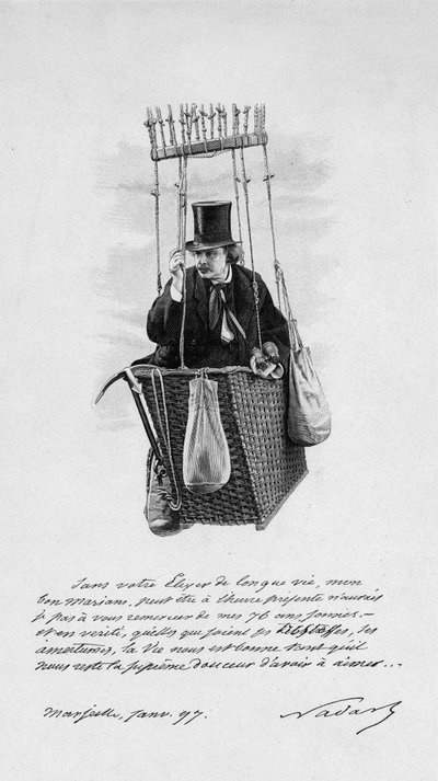 気球のナセルに描かれたFelix Tournachon dit Nadar (1820-1910)の姿。1897 作： Unknown artist