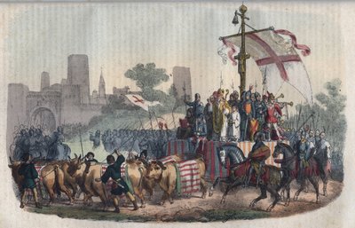 皇帝コンラッド2世がミラノを包囲していた1037年に、ミラノ・アリベルト（アリベルト）のアルケベクが考案したもので、ポー平原のコミューンの民兵を集め、都市の標識を載せた大きな荷車「カロッコ」を表現しています。 作： Unknown artist