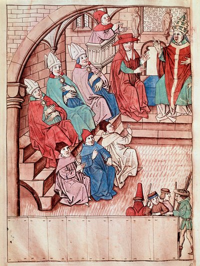 1414年から1418年の間に開催されたコンスタンツ公会議の様子を表したもので、上には教皇マルティヌス5世が乗っています（View of the Council of Constance, ca 1417） Ulrich Richental（1360-1437）による「コンスタンツ公会議の年代記」から抜粋したミニチュアです。 作： Unknown artist