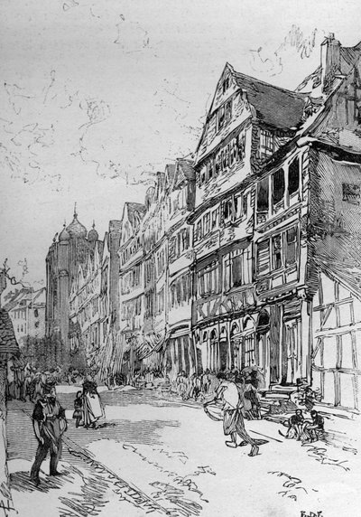 ロスチャイルド家発祥の地、フランクフルトのユダヤ人街を表現したもの。"The Illustrous World "に掲載されたエングレーヴィング 作： Unknown artist