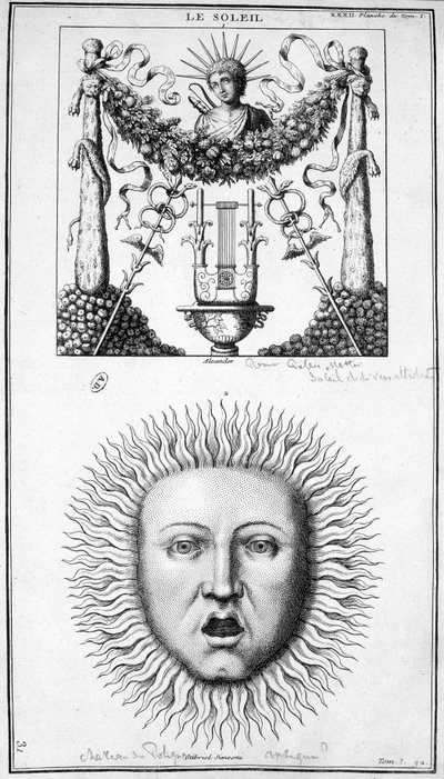 太陽の表現。古代の表現から引き出されたイメージ。19世紀のエングレービング。 作： Unknown artist