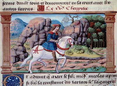 ヴェネツィアの航海士マルコ・ポーロ（1254-1324）の馬上での表現」 マルコ・ポーロ（1254-1324）の「不思議の書」（「世界の折衷」、「イル・ミリオーネ」）からのミニチュア。1298.パリ、アーセナルの図書館 作： Unknown artist