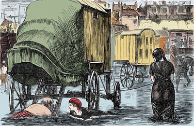 1750年にベンジャミン・ビールが発明したバスキャビンを表現したもので、中にいる女性はこの馬車から直接海に入ることができる。1870年「Punch Magazine」に掲載されたユーモラスな絵 作： Unknown artist