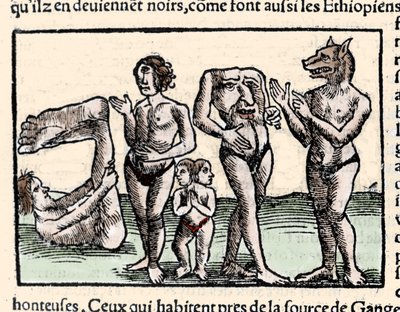 アメリゴ ベスプッチ (1451-1512) が記述したモンスターの表現: 左から順に、マノポード、サイクロプス、2 つの頭を持つ人間、頭のない人間、犬の頭を持つ人間 (サイノケファルス) 。セバスチャン・ミュンスターの「ユニバーサル」から引用されたXilography 作： Unknown artist