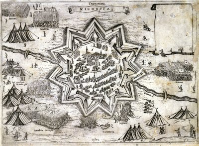 リチャード・ライオン・ハートによる第3回十字軍遠征中の1191年、キプロス島のニコシア包囲戦の様子を表現したもの。16世紀。 作： Unknown artist