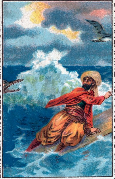船上での救出劇。船乗りシンドバッド（Sindbad）の素晴らしい冒険。1001夜（千夜一夜）の人気物語。19世紀末のクロモリトグラフ。 作： Unknown artist