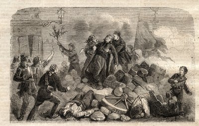 革命1848年"The Archeveque Monsignor Denis Affre (1793-1848) on the Barricade Faubourg Saint Antoine in Paris 26/06/1848 (Do o mon dieu que mon sang soit le dernier verse) (Death Denis Affre Archbishop of Paris of the barricade at the entrance to t t 作： Unknown artist