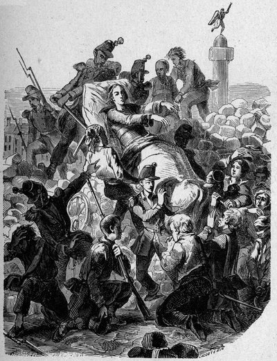 革命1848年。"1848年、大司教ドニ・アフレ（1793-1848）が傷つき、担架に乗せられる" 作： Unknown artist