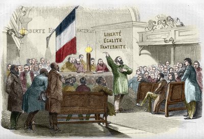 1848年の革命。1848年、パリで開催された共和国クラブの会合。壁には共和党のモットーである「自由、平等、友愛」が書かれている。共和党クラブでの会合）。19世紀のエングレーヴィング。 作： Unknown artist