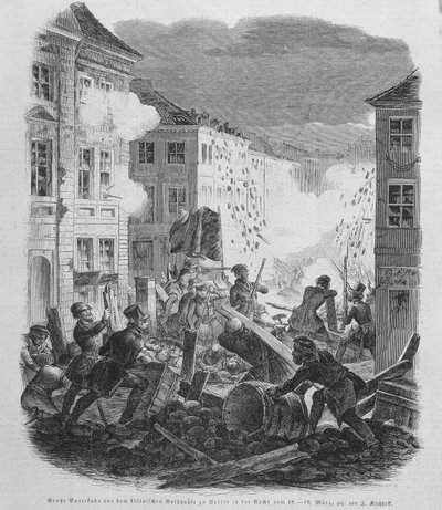 1848年3月の革命：1848年3月19日にベルリンでバリケードを行う。プロイセンのフレデリック・ウィリアム4世が統一と自由主義政府を受け入れるようになる。 作： Unknown artist